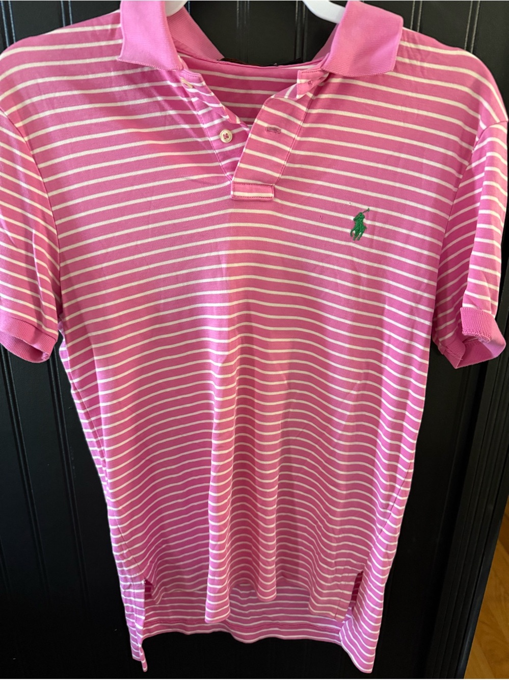 Ralph Lauren Pink & White Striped Polo with Green Logo